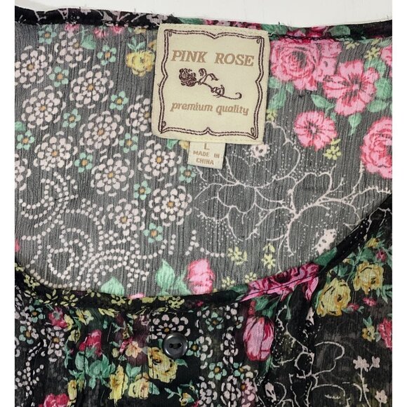 PINK ROSE Womens Sheer Boho Floral Top Large Black Multi Chiffon Slouch Pockets - Picture 7 of 16